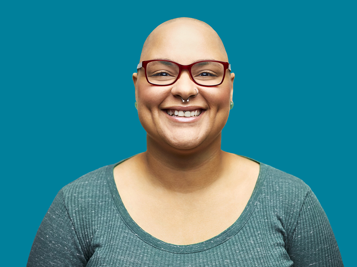 Photo of bald woman smiling